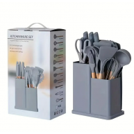 Set ustensile de bucatarie si cutite pe suport, 19 piese