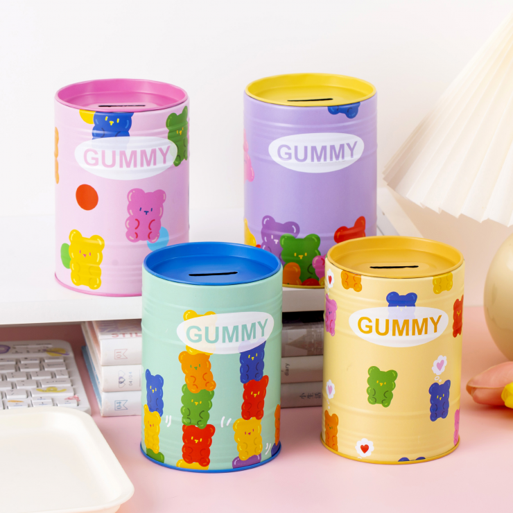 Pușculiță rotundă cu ursulet, din metal, Gummy