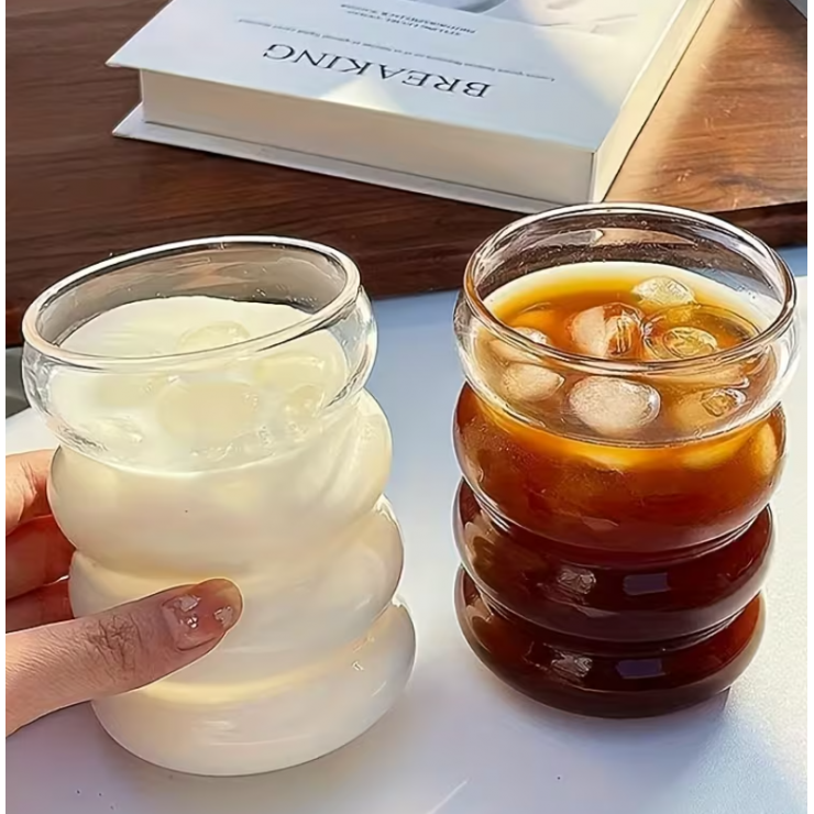 Pahar cu capac si pai din sticla, Wave, 370ml