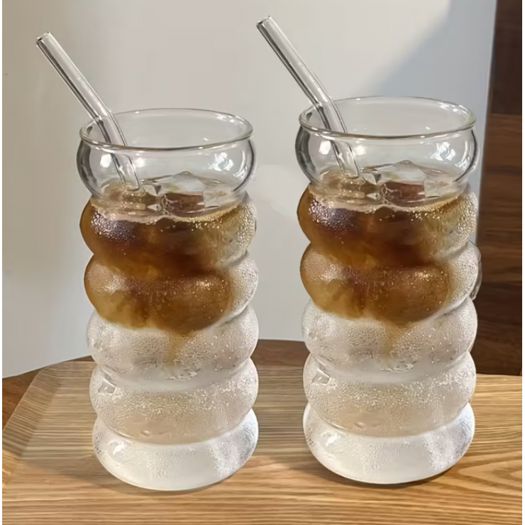 Pahar cu capac si pai din sticla, Wave, 480ml