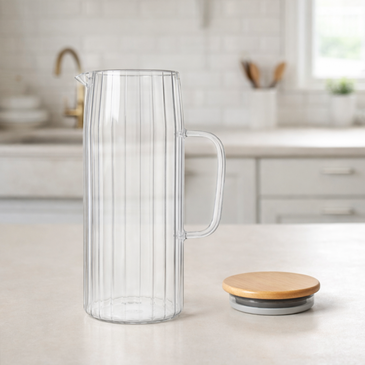 Ulcior din sticla Ribbed, cu capac din bambus, 1200 ml