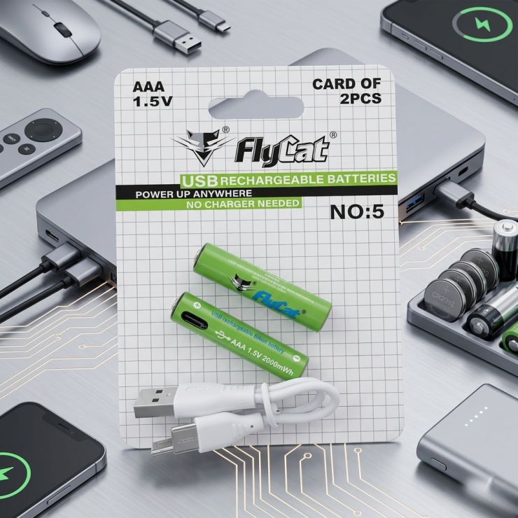 Baterii reincărcabile FLYCAT, AAA, USB, 2000 mAh, 2 buc